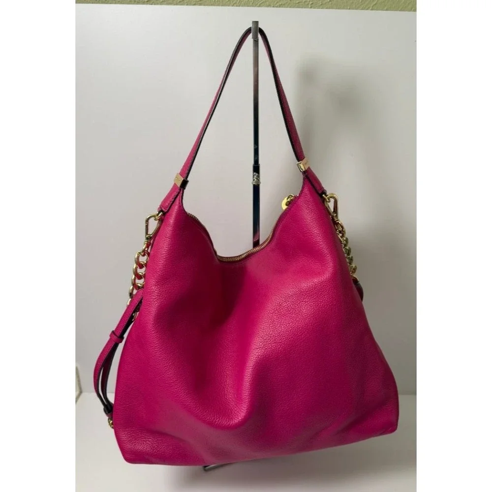 RARE Michael Kors Fuchsia Pebbled Leather Chain Hobo Shoulder Bag Gold Hardware